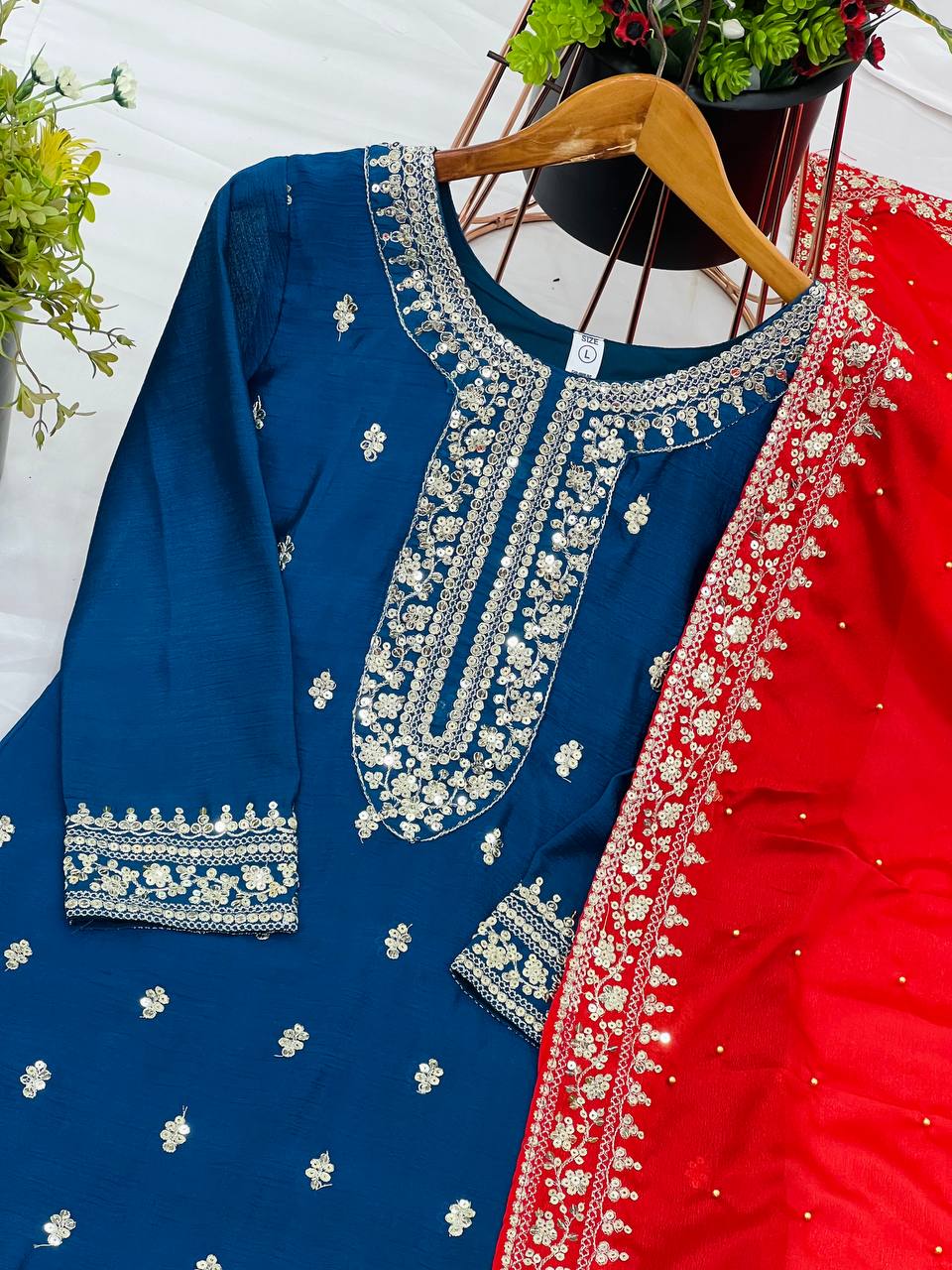 Royal Blue Chinnon Silk Embroidery Top Pant and Dupatta For Party Wear