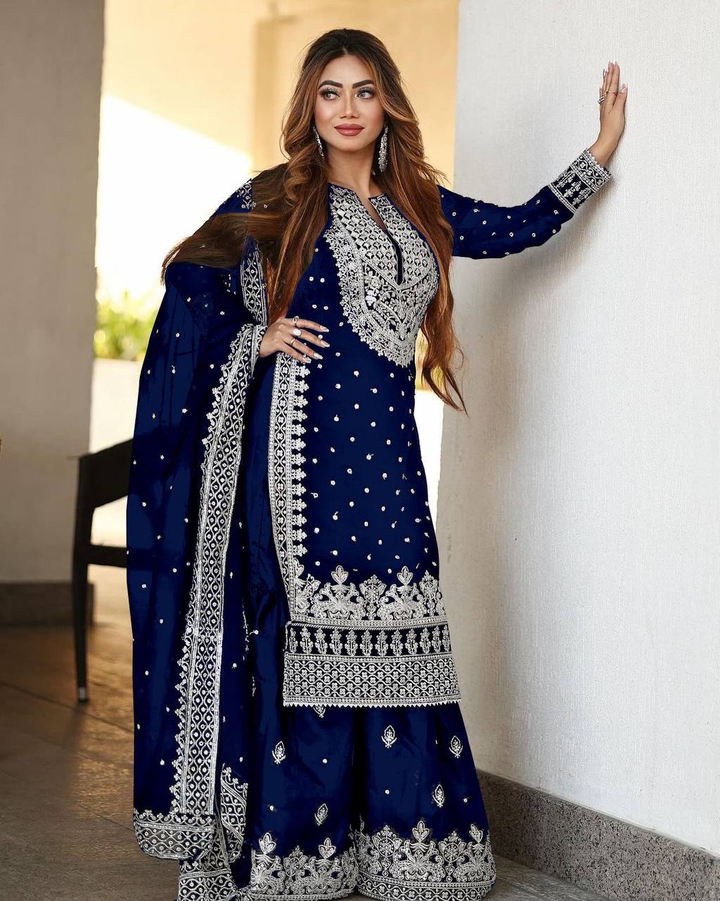 Royal Blue Designer Faux Georgette Top Gharara & Dupatta For Party Wear