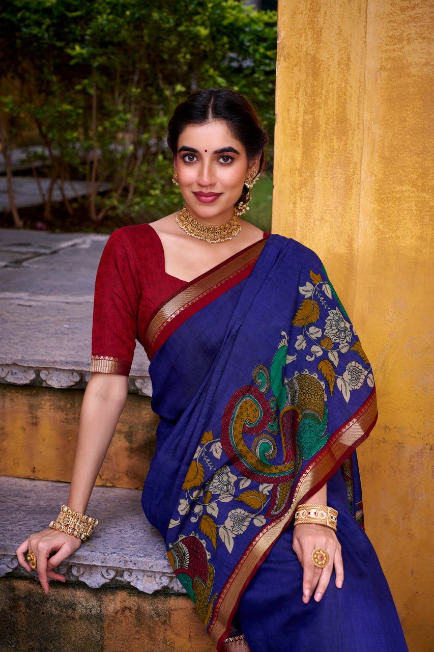 Royal Blue Kalamkari Print Chanderi Saree with Zari Weaving Border