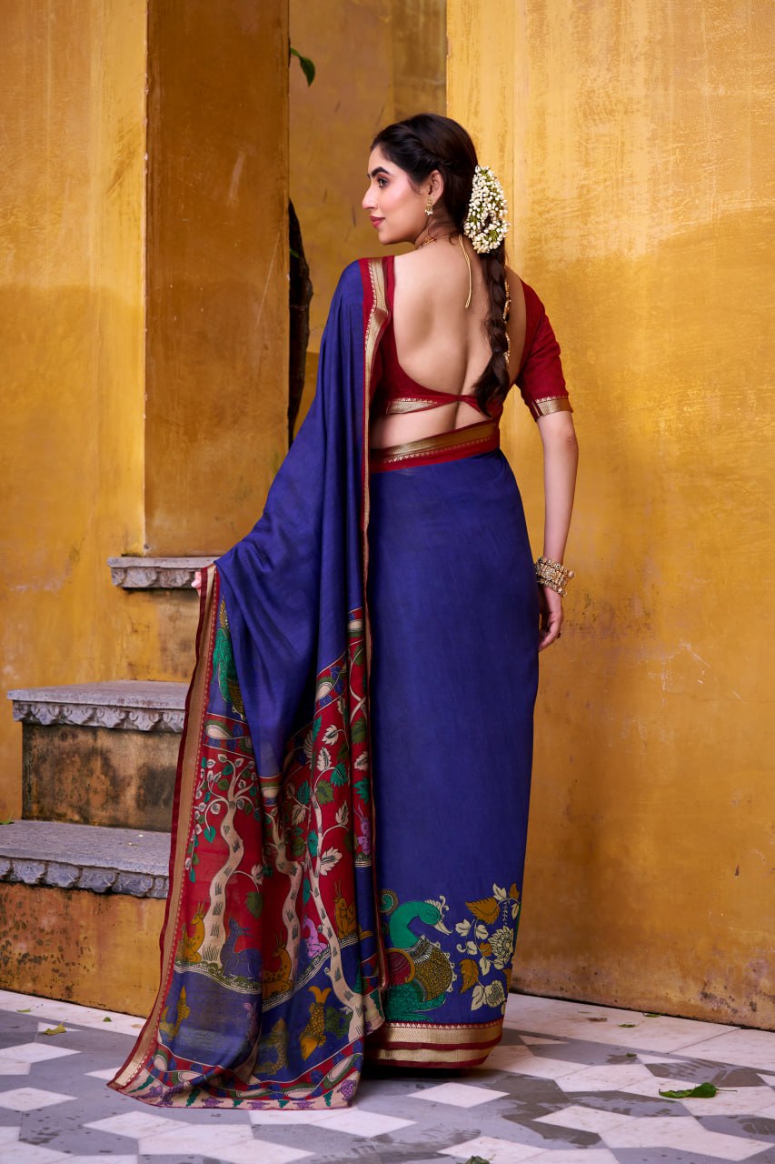 Royal Blue Kalamkari Print Chanderi Saree with Zari Weaving Border