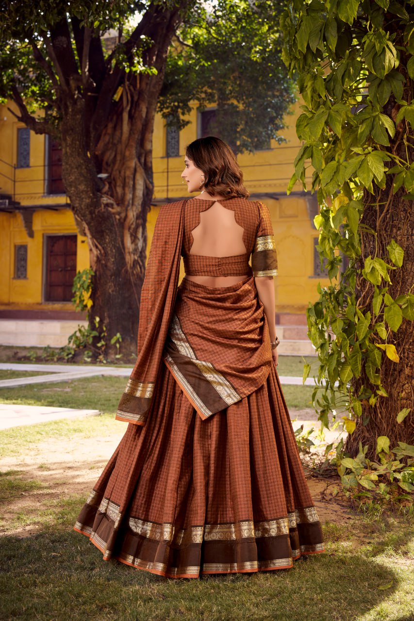 Rust Orange Chettinad Cotton Lehenga Choli with Matching Dupatta
