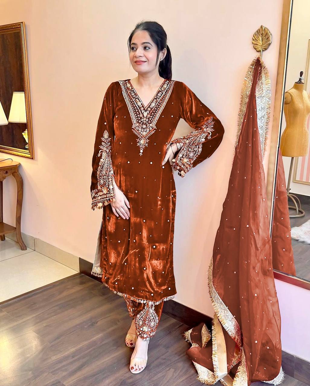 Rust Orange Designer Viscose Velvet Plazzo Top and Dupatta For Party Wear