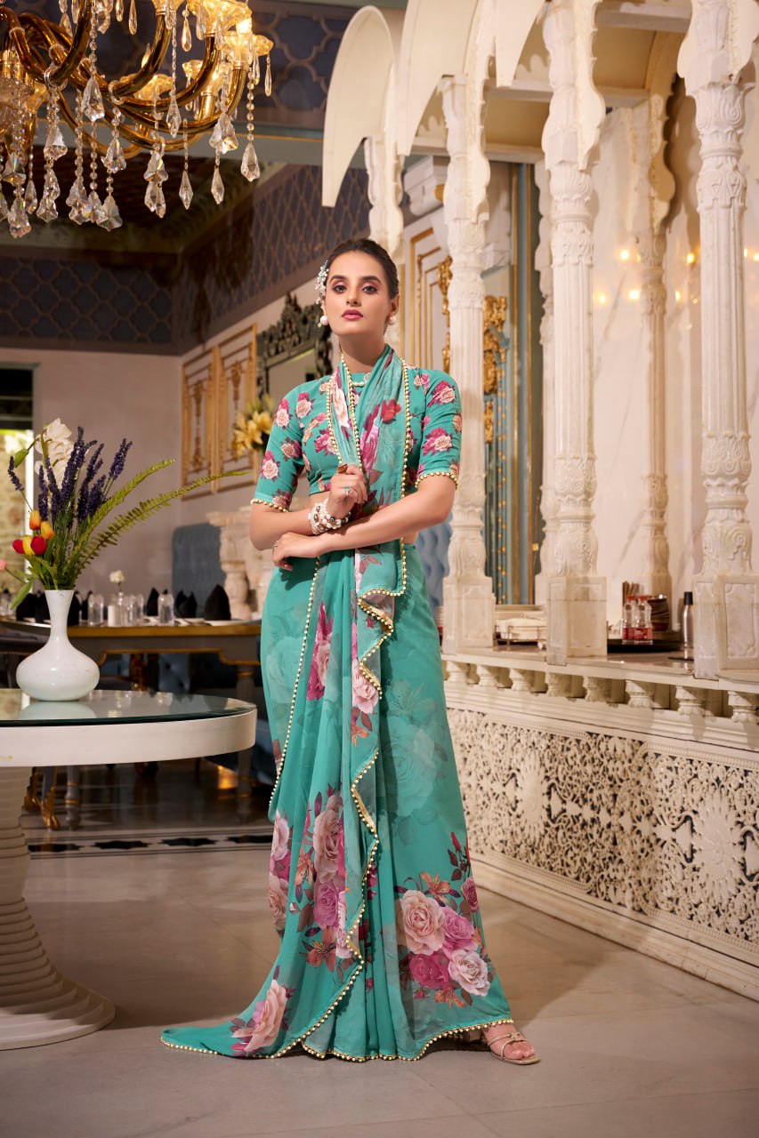 Sea Green Georgette Floral Print Saree with Pearl Lace Border