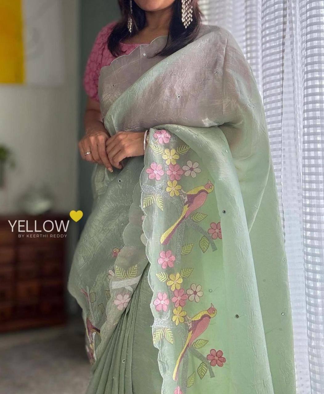 Sea Green Gold Crush Silk Saree with Embroidery Border Banglori Blouse