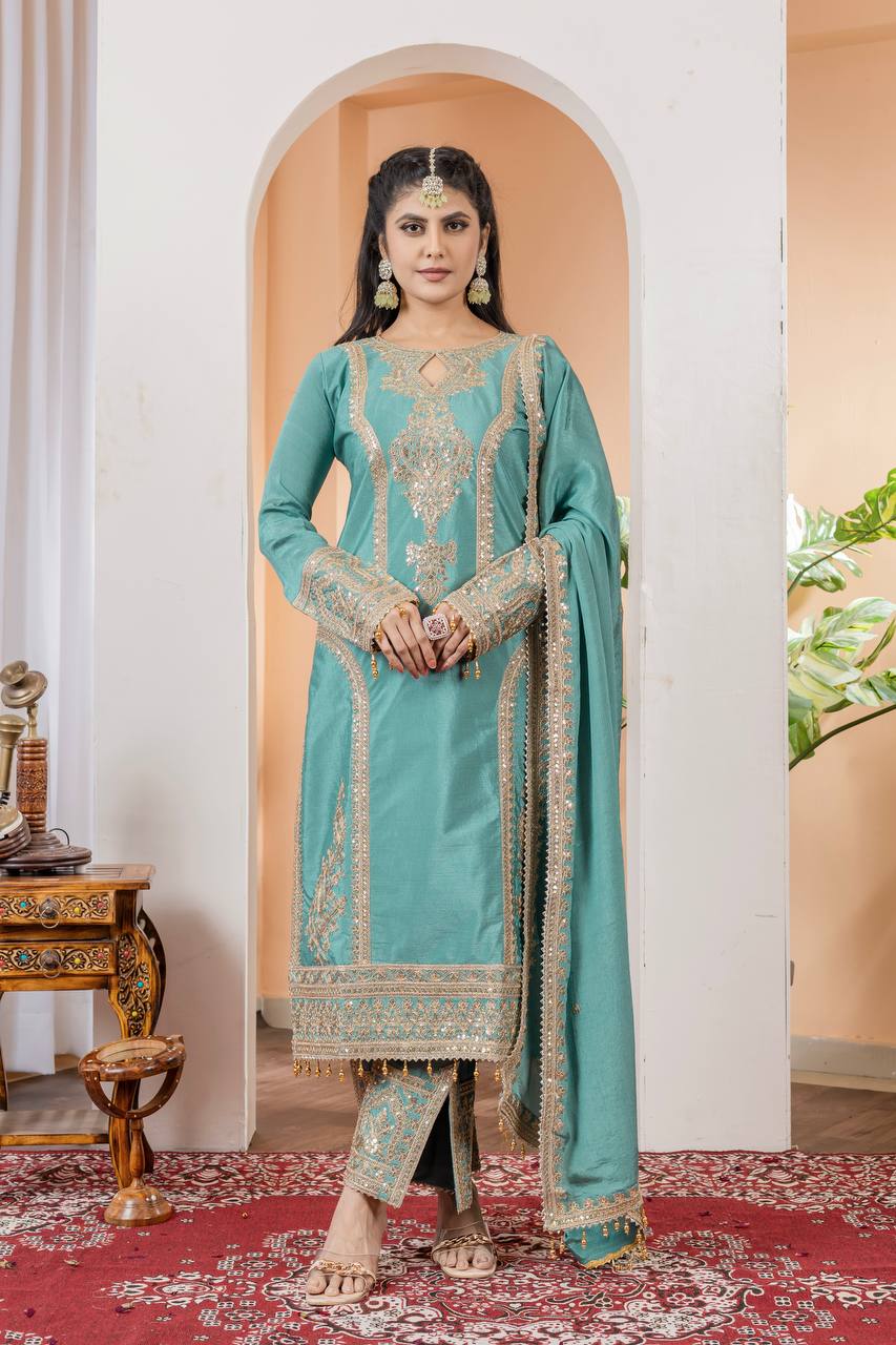 Sky Blue Designer Chinon Silk Plazzo Top and Dupatta For Party Wear