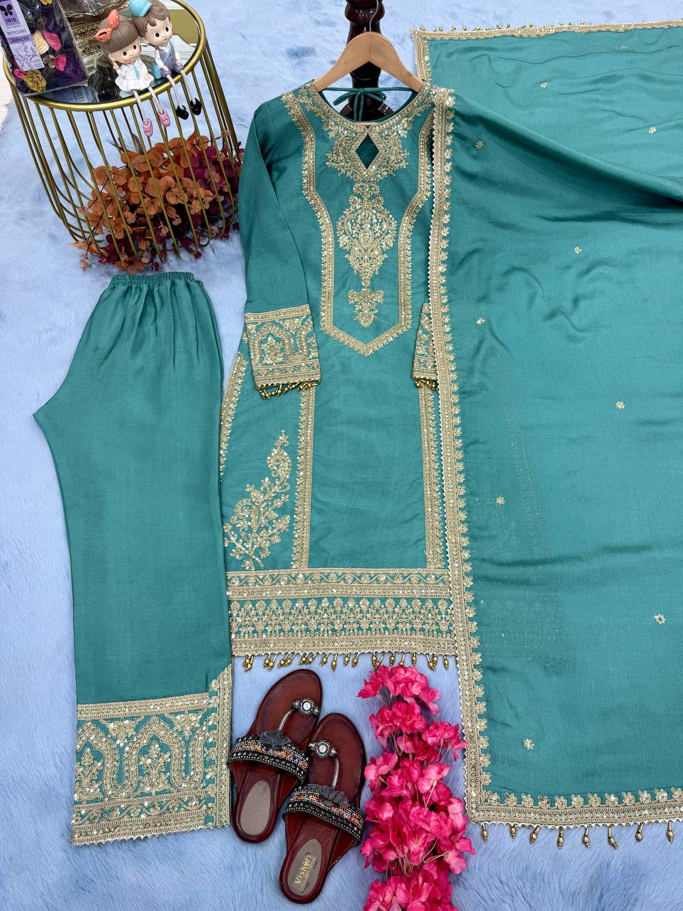 Sky Blue Designer Chinon Silk Plazzo Top and Dupatta For Party Wear