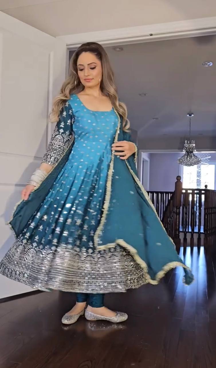 Sky Blue Designer Dual Tone Chinon Silk Anarkali Gown with Dupatta