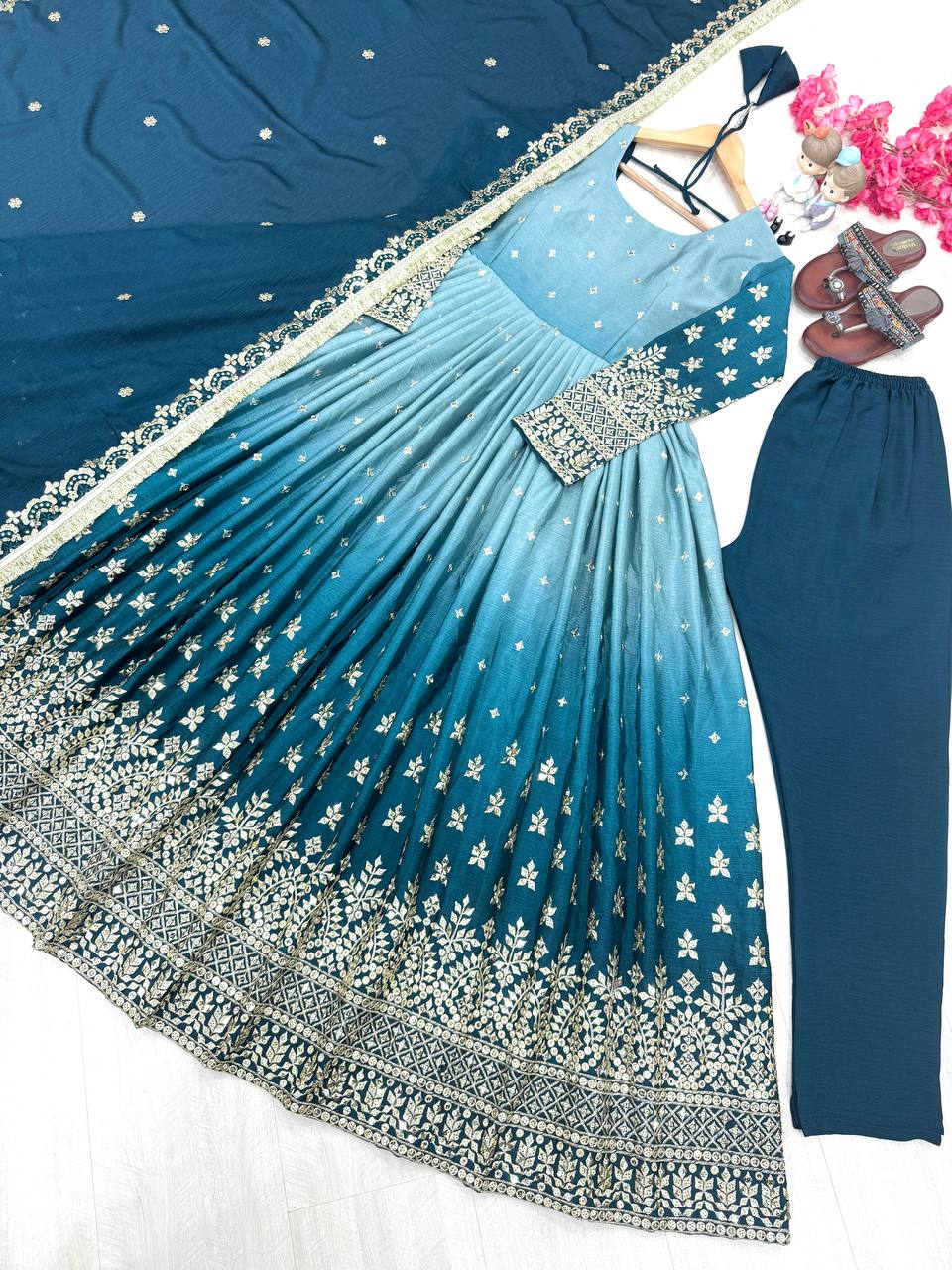 Sky Blue Designer Dual Tone Chinon Silk Anarkali Gown with Dupatta