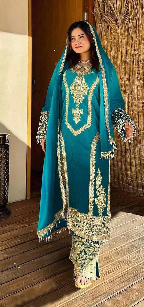 Sky Blue Designer Dual Tone Chinon Silk Plazzo Top and Dupatta