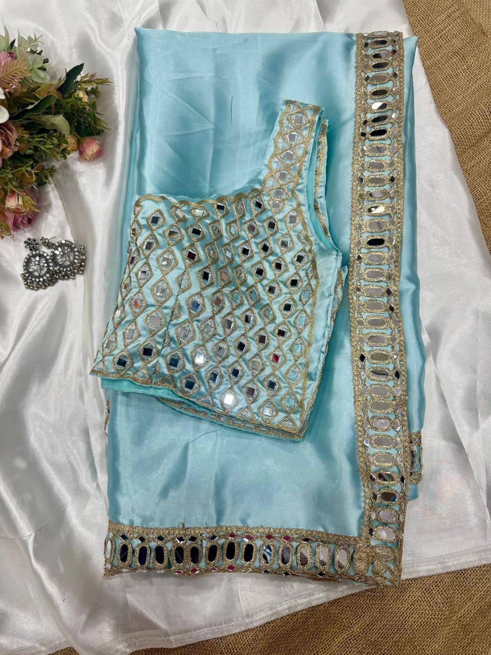 Sky Blue Designer Satin Silk Embroidery Saree and Mirror Work Blouse