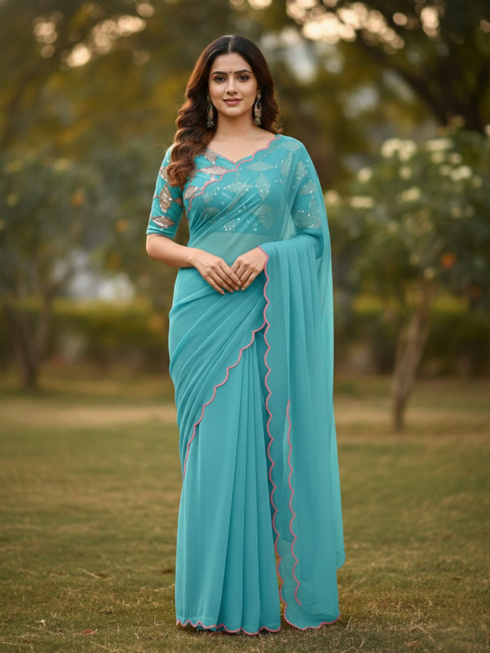 Sky Blue Smooth Georgette Saree with Aari Border & Embroidery Blouse