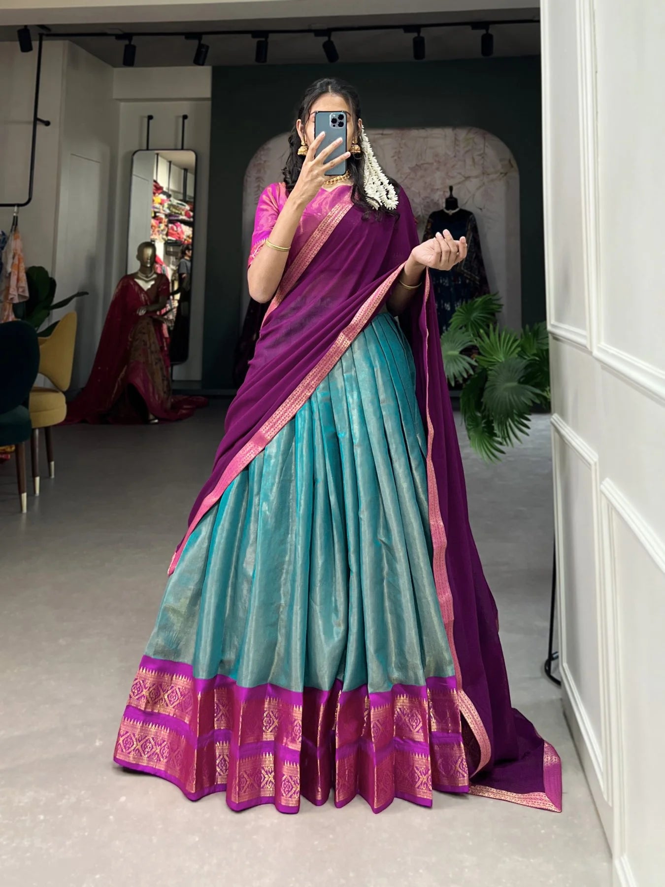 Kanchipuram Lehenga Choli with Ethnic Dupatta for Women Wedding Festival