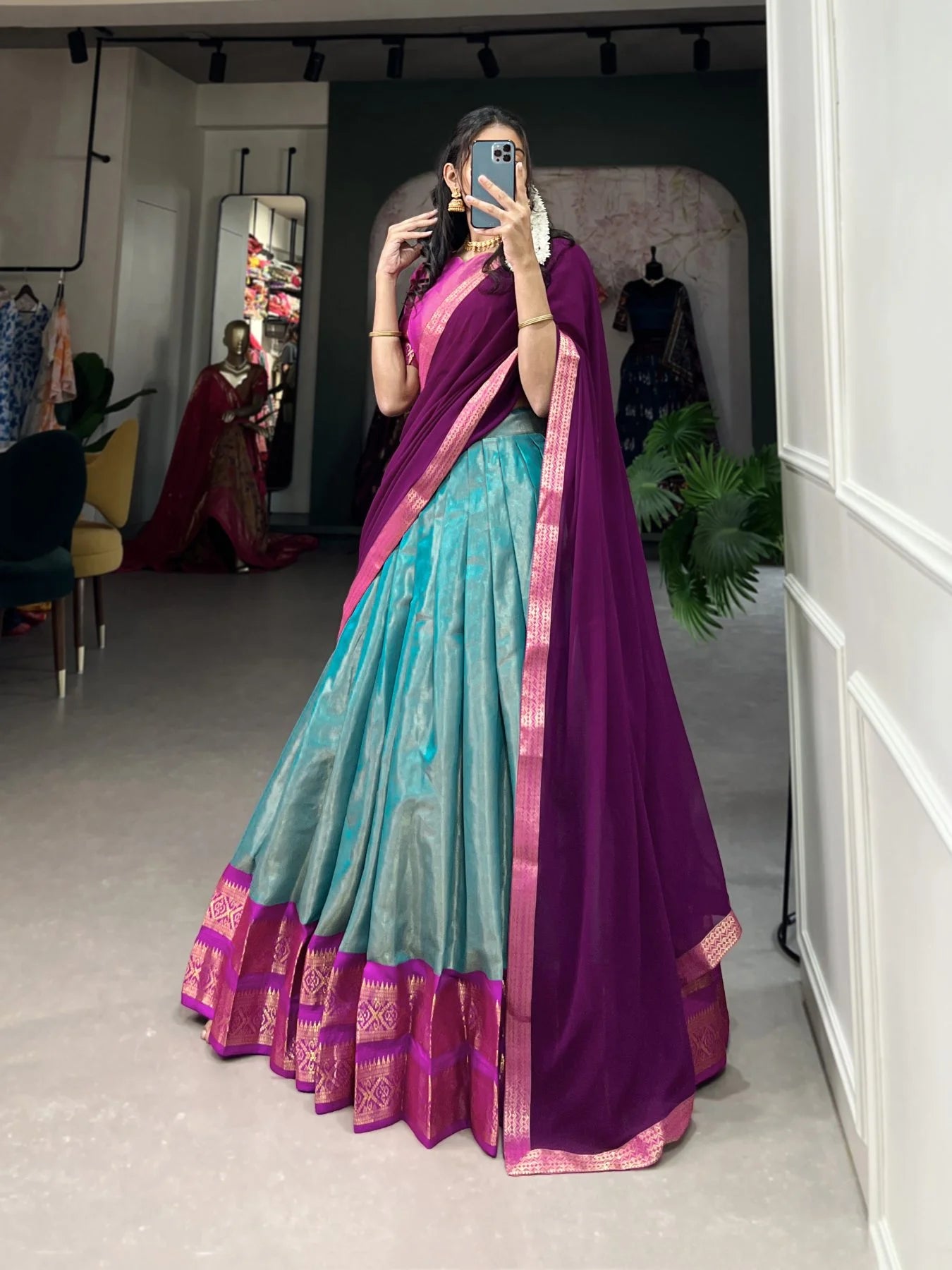 Kanchipuram Lehenga Choli with Ethnic Dupatta for Women Wedding Festival