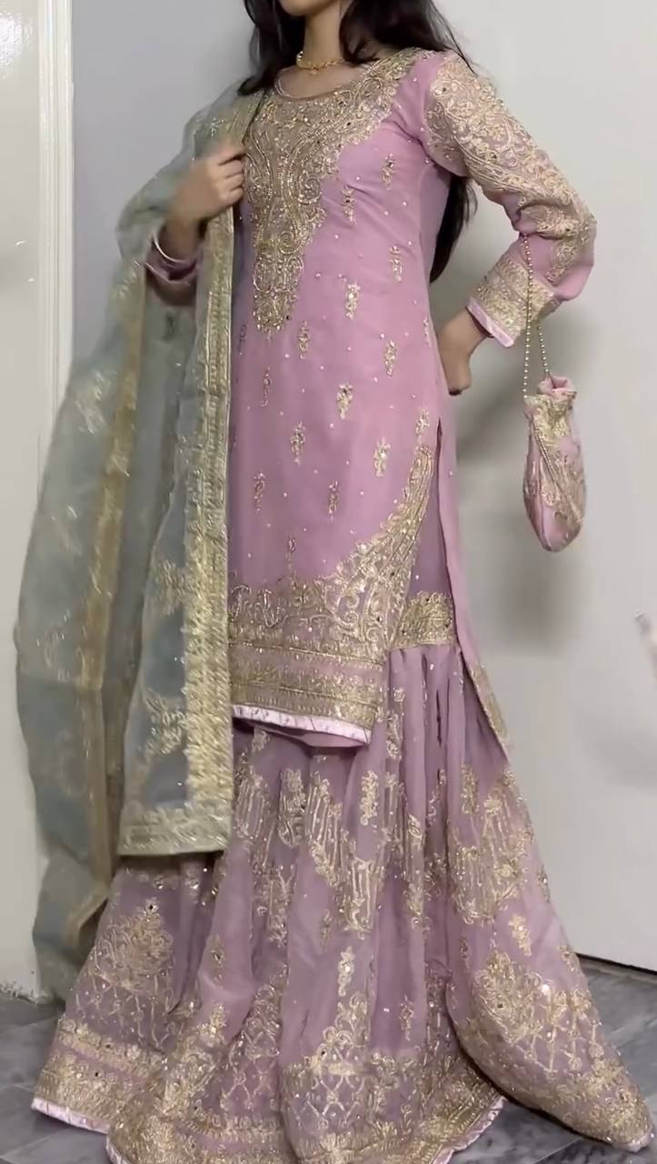 Soft pink Designer Faux Georgette Sharara Plazzo Top and Net Dupatta