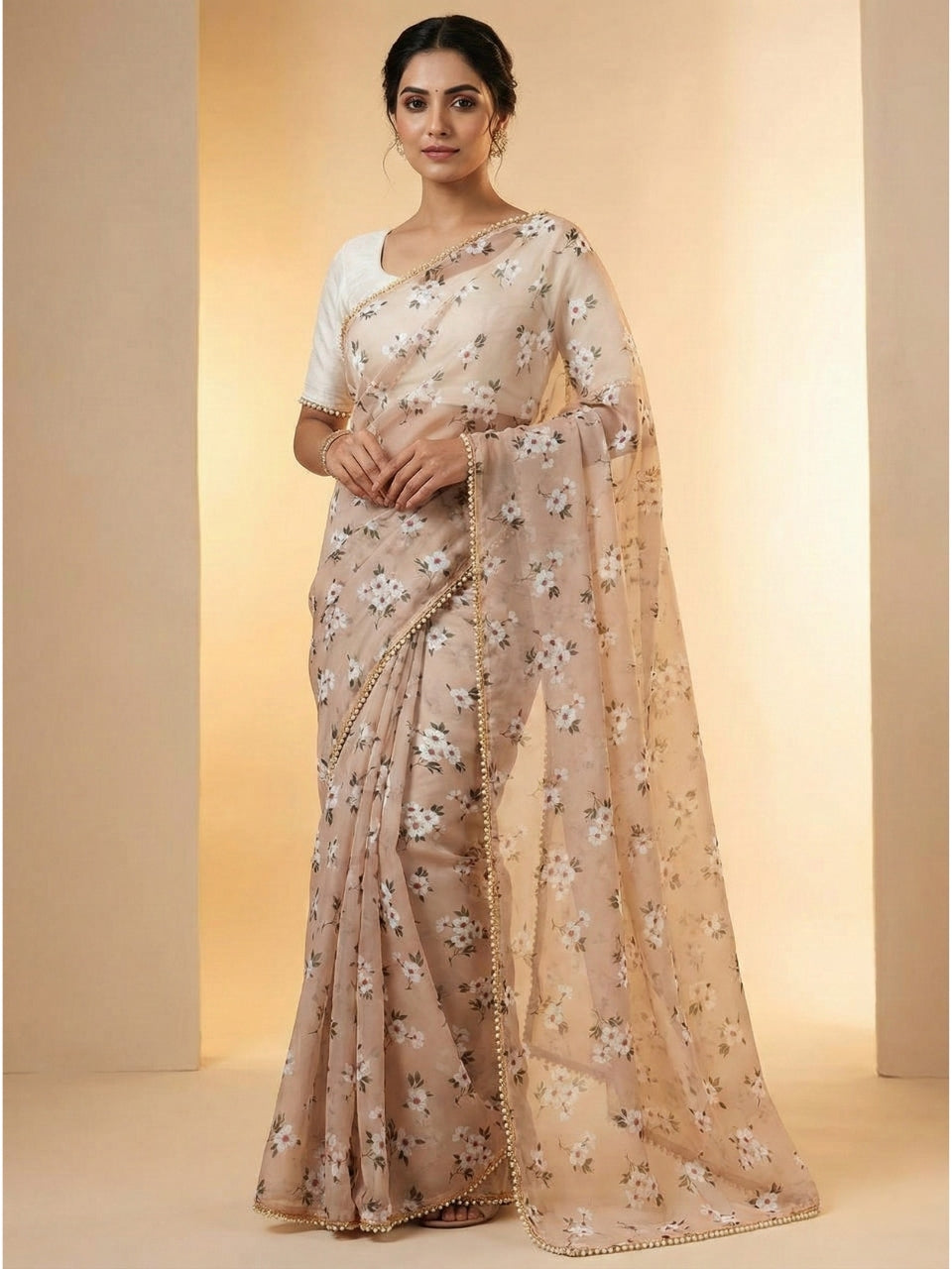 Taupe beige Georgette Digital Print Saree with Moti Lace Border & Blouse