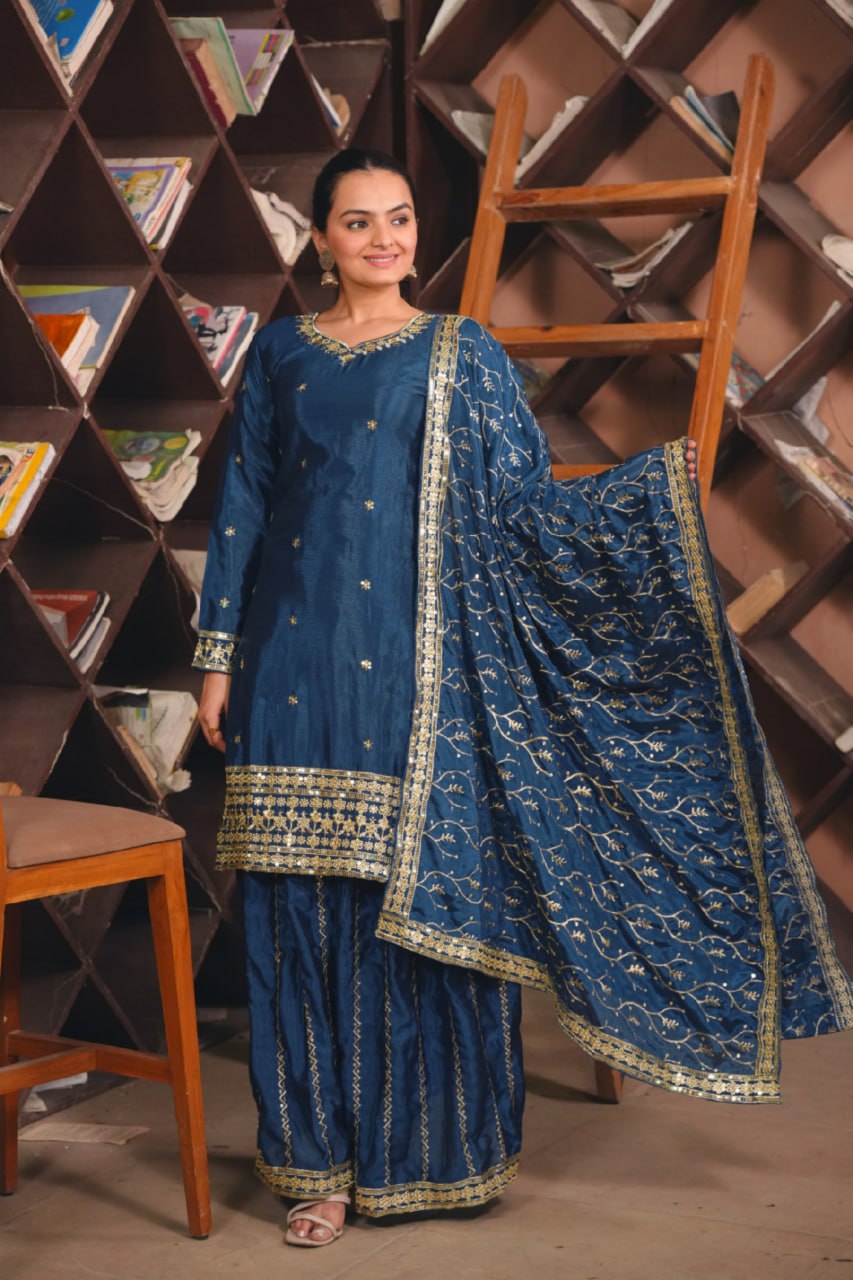 Teal Blue Chinon Sharara Suit with Embroidery Matching Dupatta