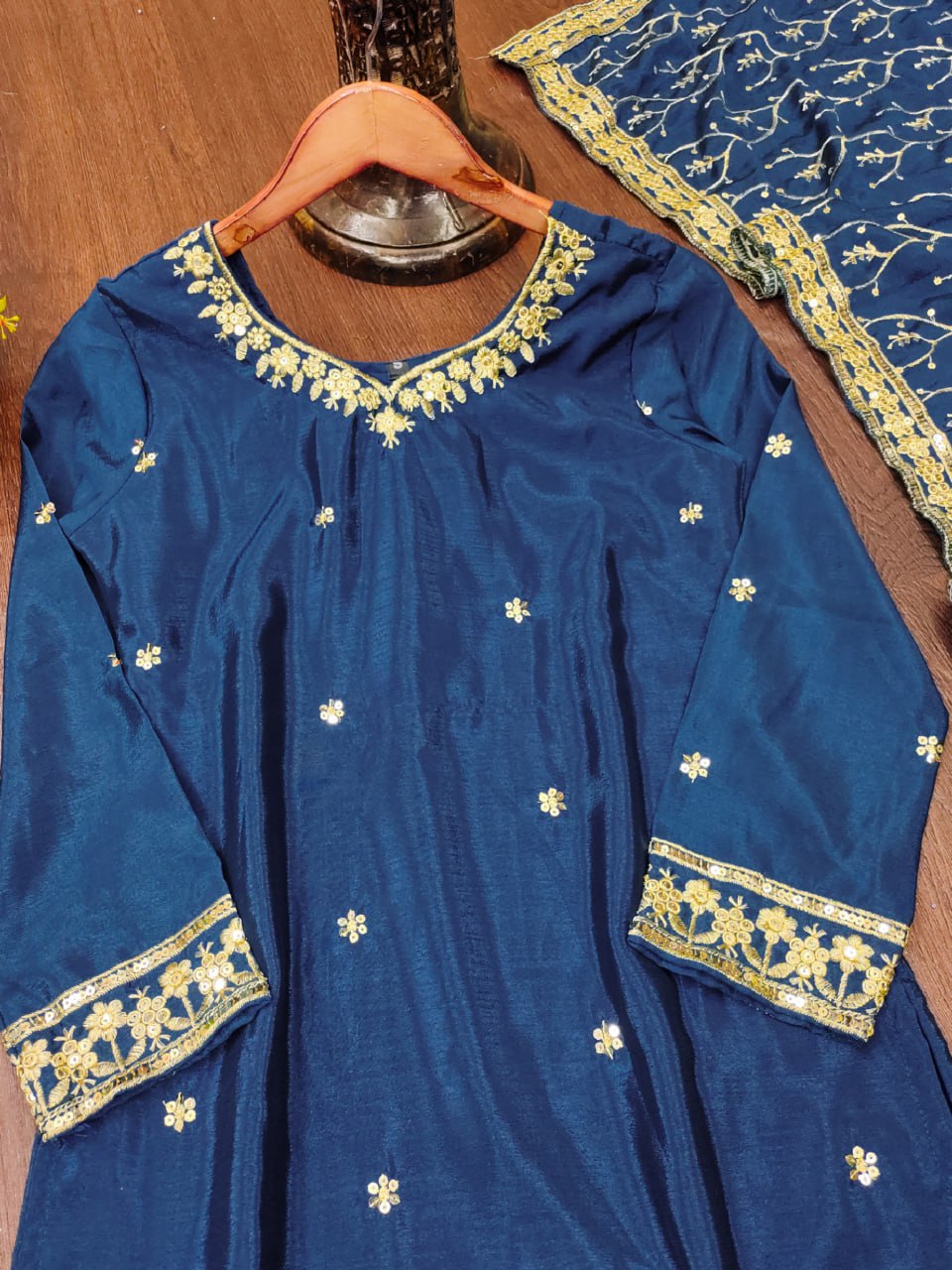 Teal Blue Chinon Sharara Suit with Embroidery Matching Dupatta