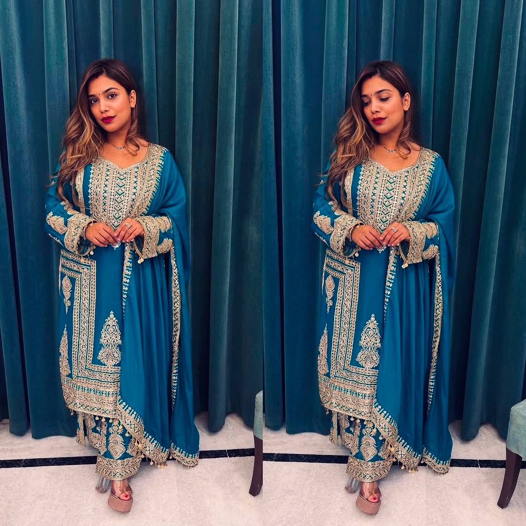 Teal Blue Designer Pure Chinnon Silk Embroidery Palazzo Top and Dupatta