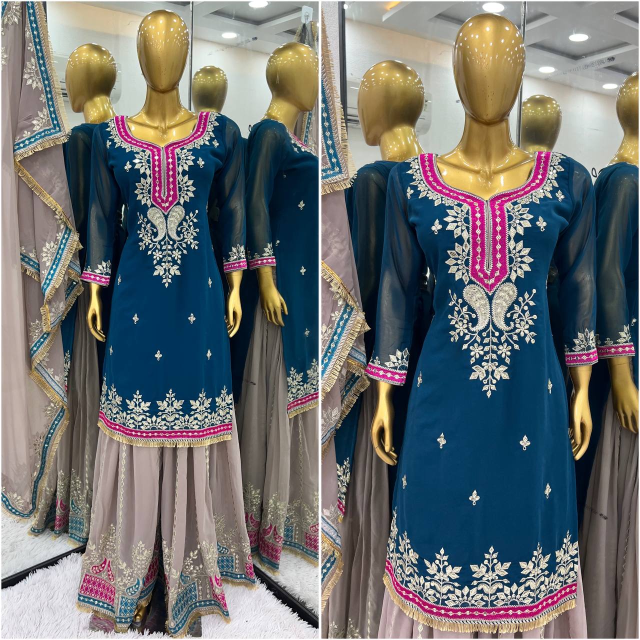 Teal Blue Faux Georgette Sharara Suit and Dupatta For Party Wear
