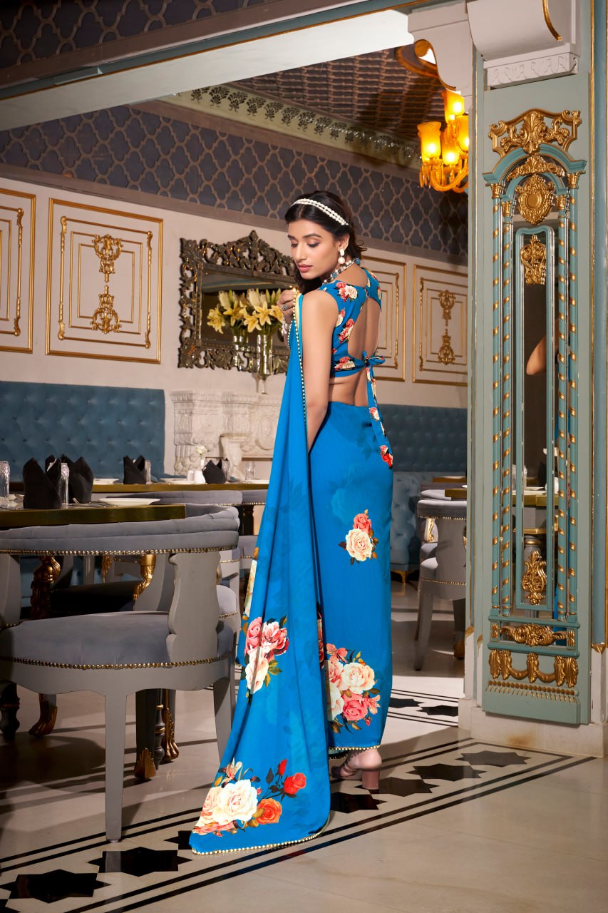 Teal Blue Georgette Floral Print Saree with Pearl Lace Border