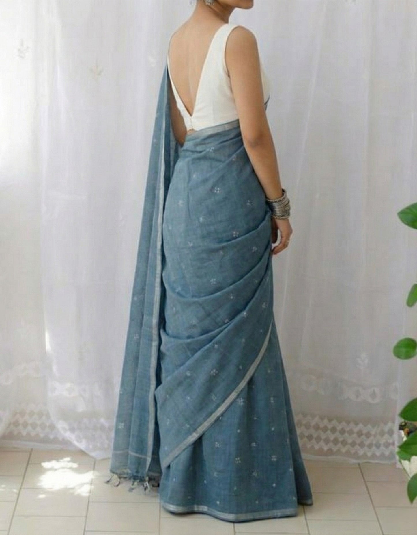 Teal Blue Soft Mulmul Cotton Digital Print Saree with Banglori Blouse