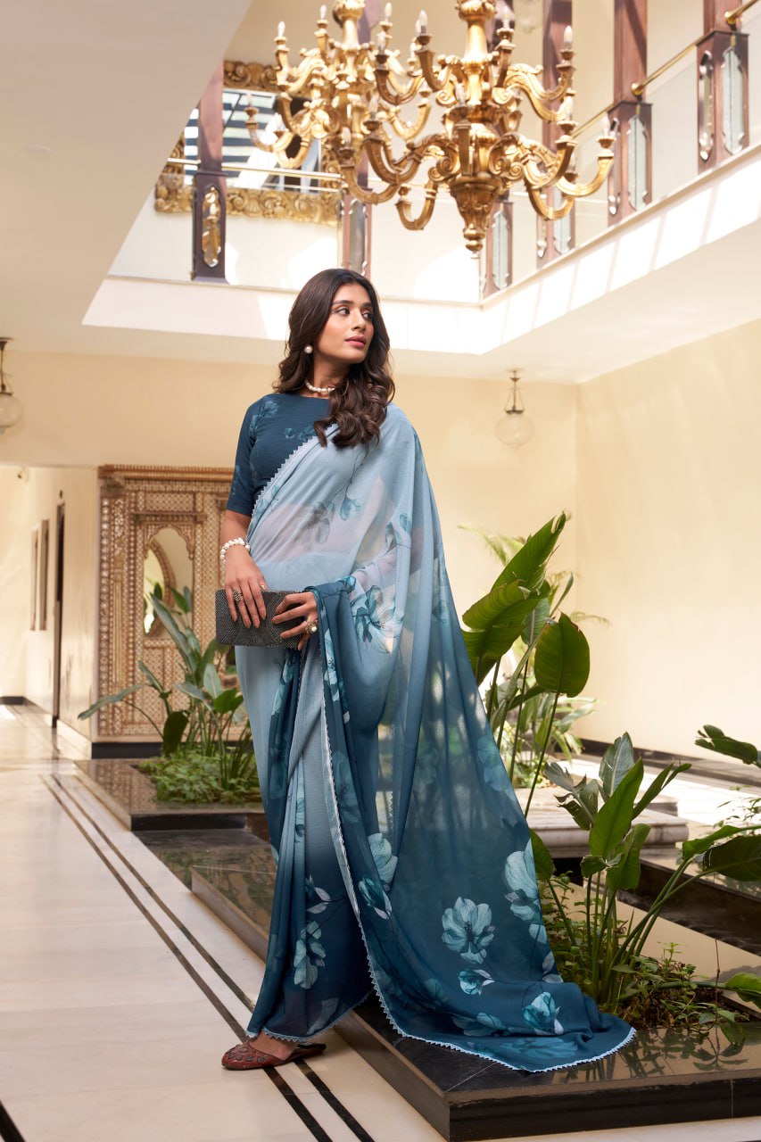 Teal Blue Weightless Marble Printed Saree with Floral Design Lace Border