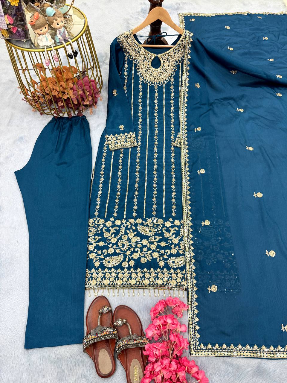 Teal Bule Designer Chinon Silk Embroidered Long Top Bottom and Dupatta