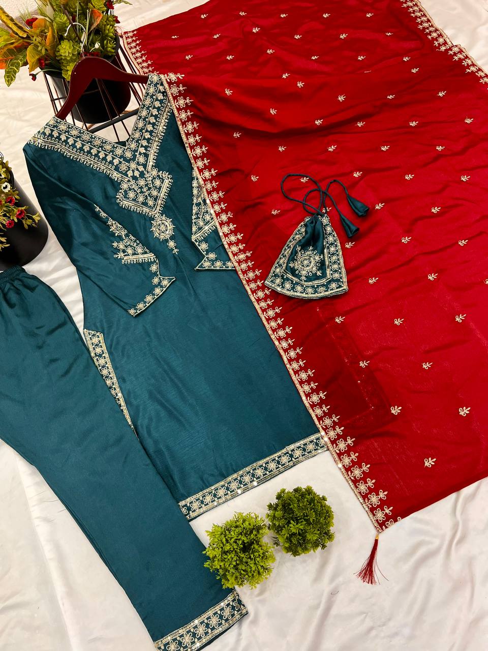 Teal Chinnon Silk Embroidered Top Pant with Dupatta For Party Wear