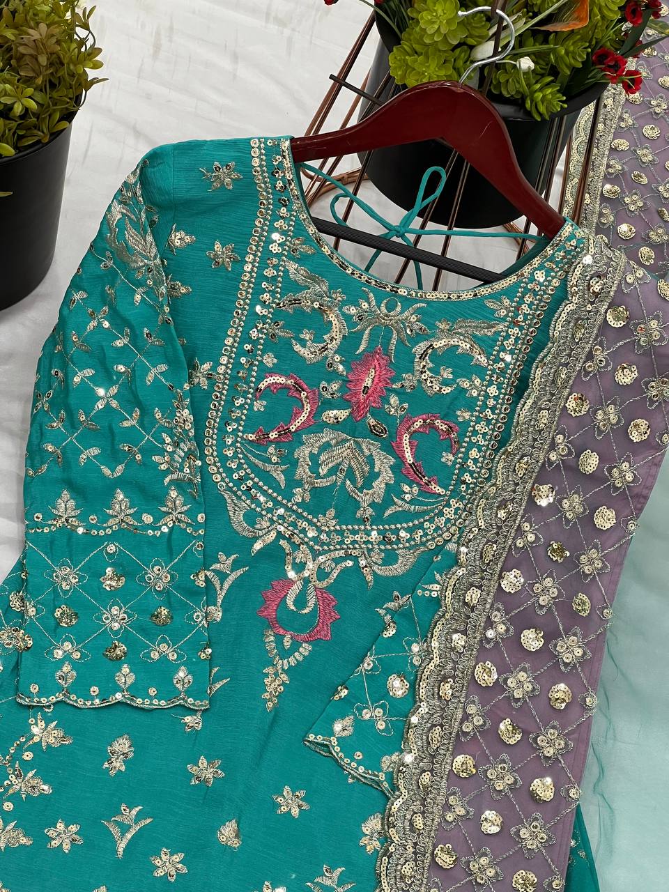 Teal Designer Chinnon Silk Sharara Suit and Dupatta For Party Wear