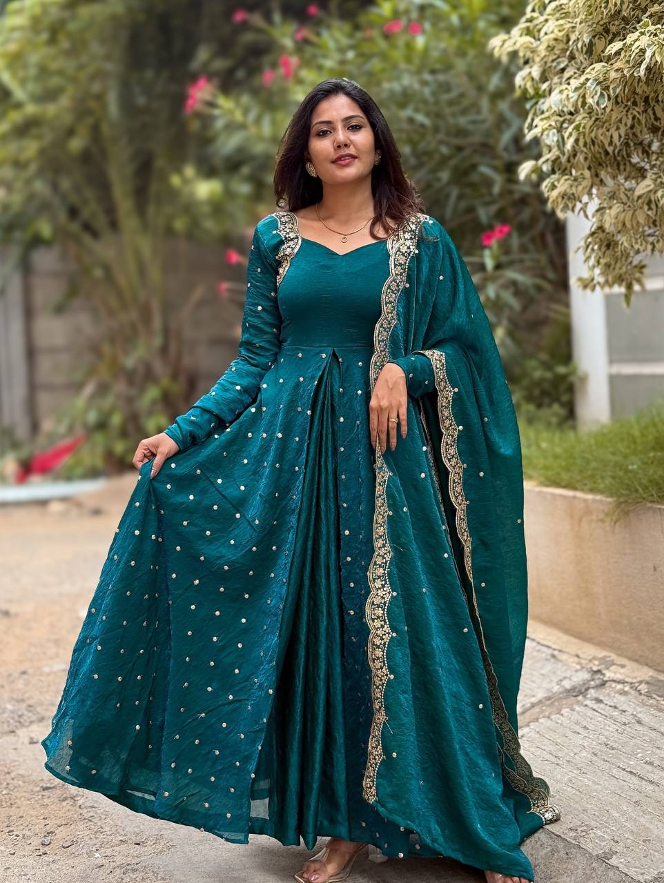 Teal Designer Heavy Fandy Silk Gown Bottom and Dupatta For Party Wear