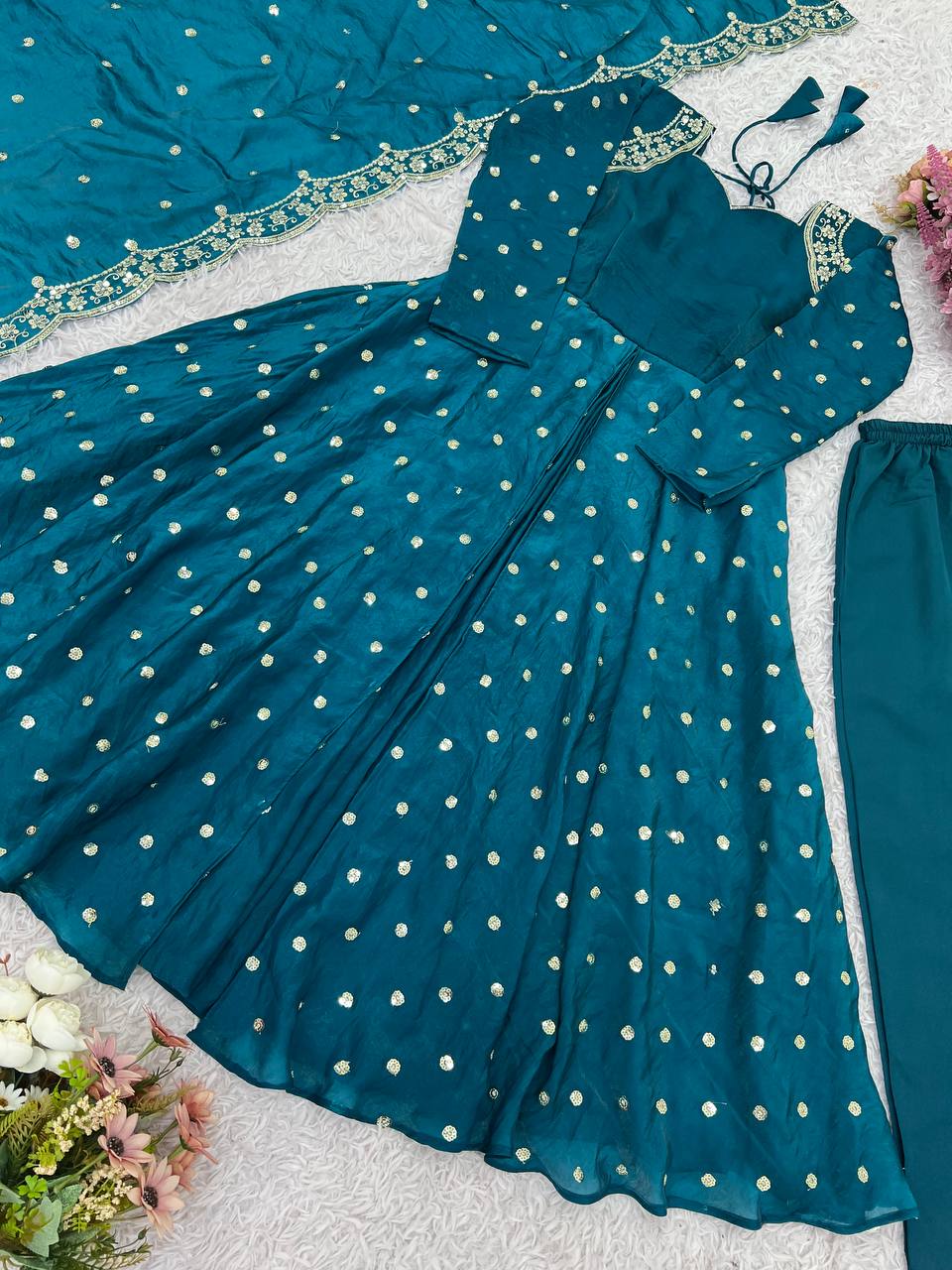 Teal Designer Heavy Fandy Silk Gown Bottom and Dupatta For Party Wear