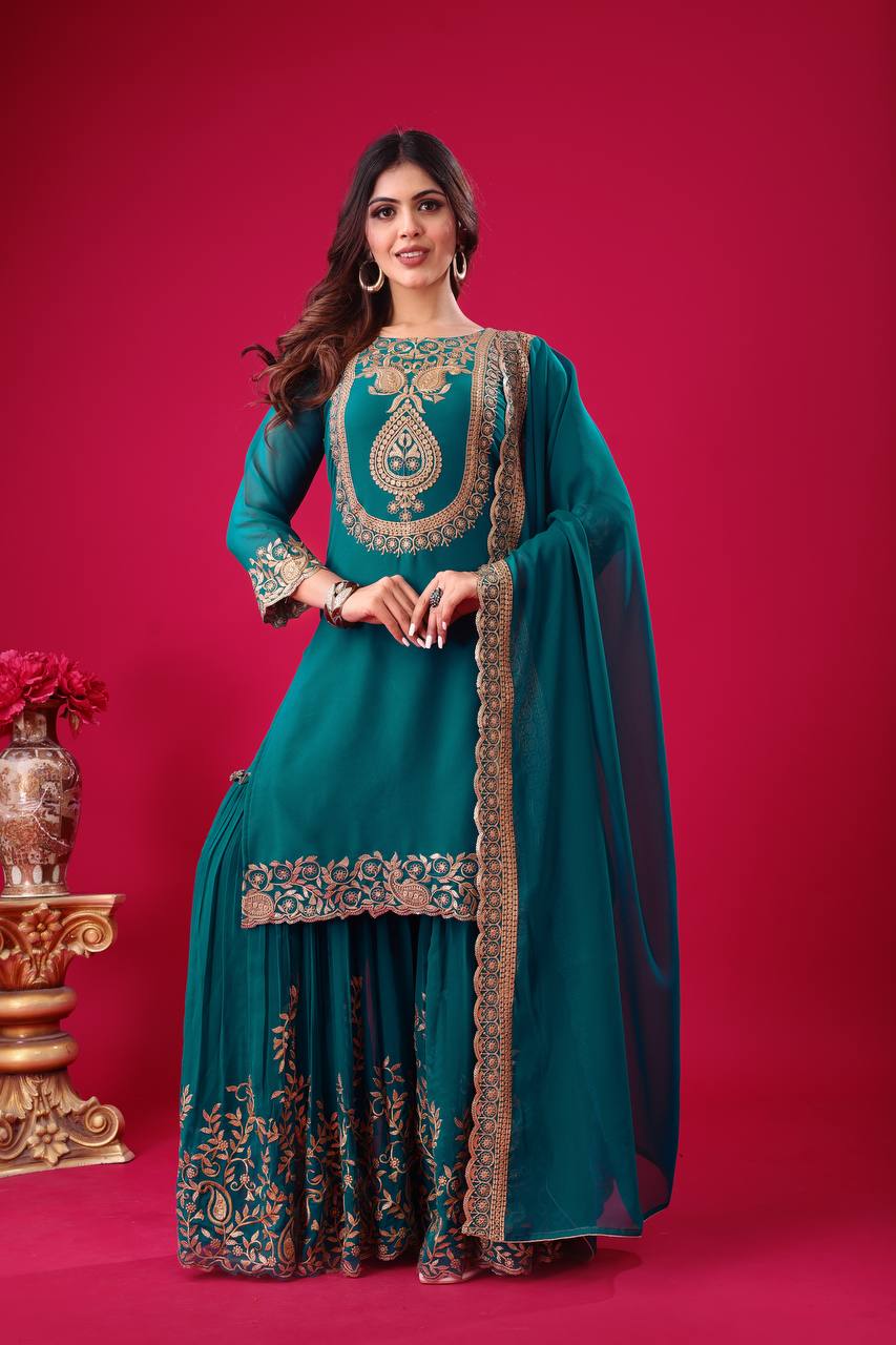 Teal Green Designer Blooming Faux Georgette Palazzo Top and Dupatta