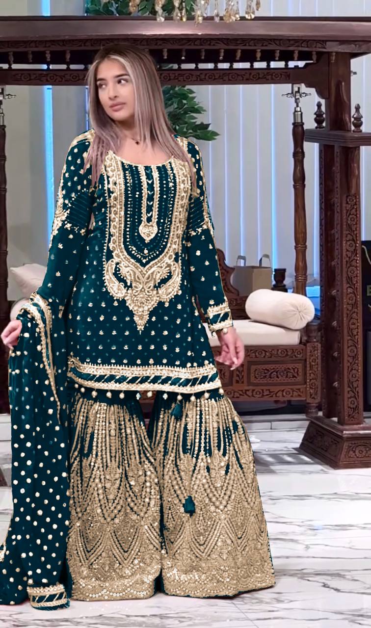 Teal Green Designer Farshi Plazzo Top and Dupatta For Nikah Wear