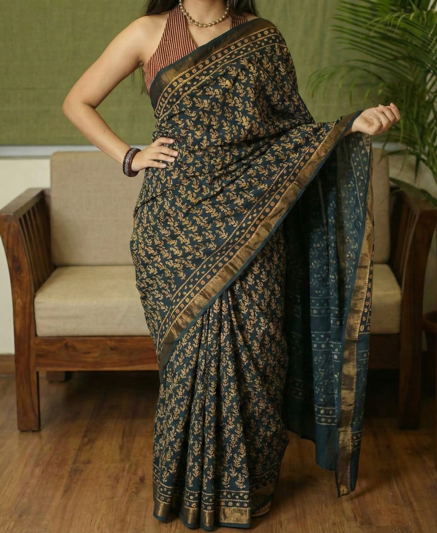 Teal Green Mulmul Cotton Digital Print Saree with Banglori Blouse