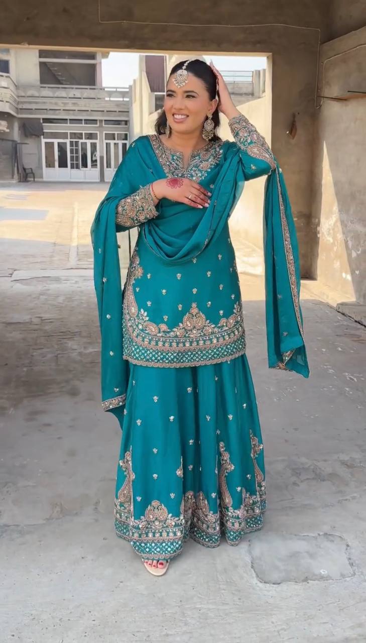 Turquoise Blue Designer Chinnon Silk Sharara and Dupatta For Party Wear