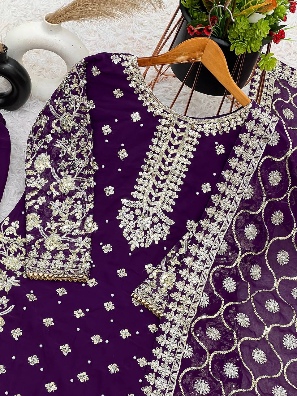 Violet Designer Faux Georgette Palazzo Top Dupatta For Party Wear