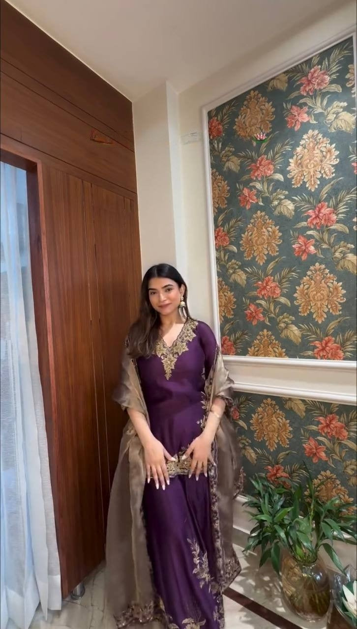 Violet Designer Pure Chinnon Silk Embroidered Palazzo Top and Dupatta