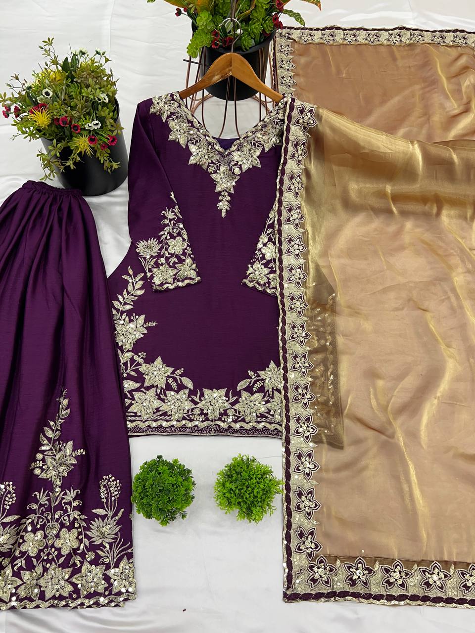 Violet Designer Pure Chinnon Silk Embroidered Palazzo Top and Dupatta