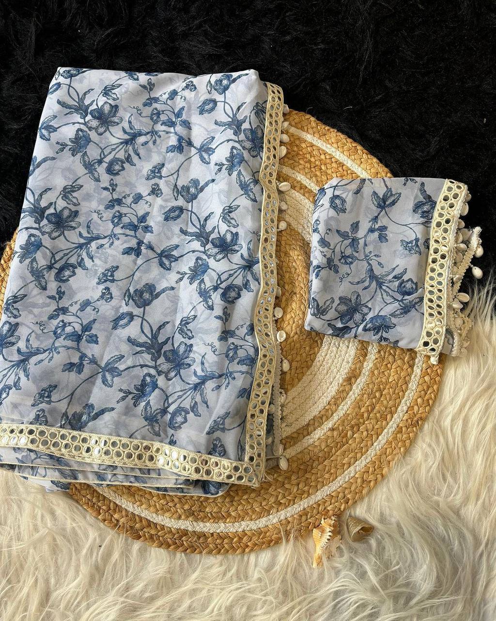 White and Blue Print Georgette Saree with Mirror Lace Real Kodi Border