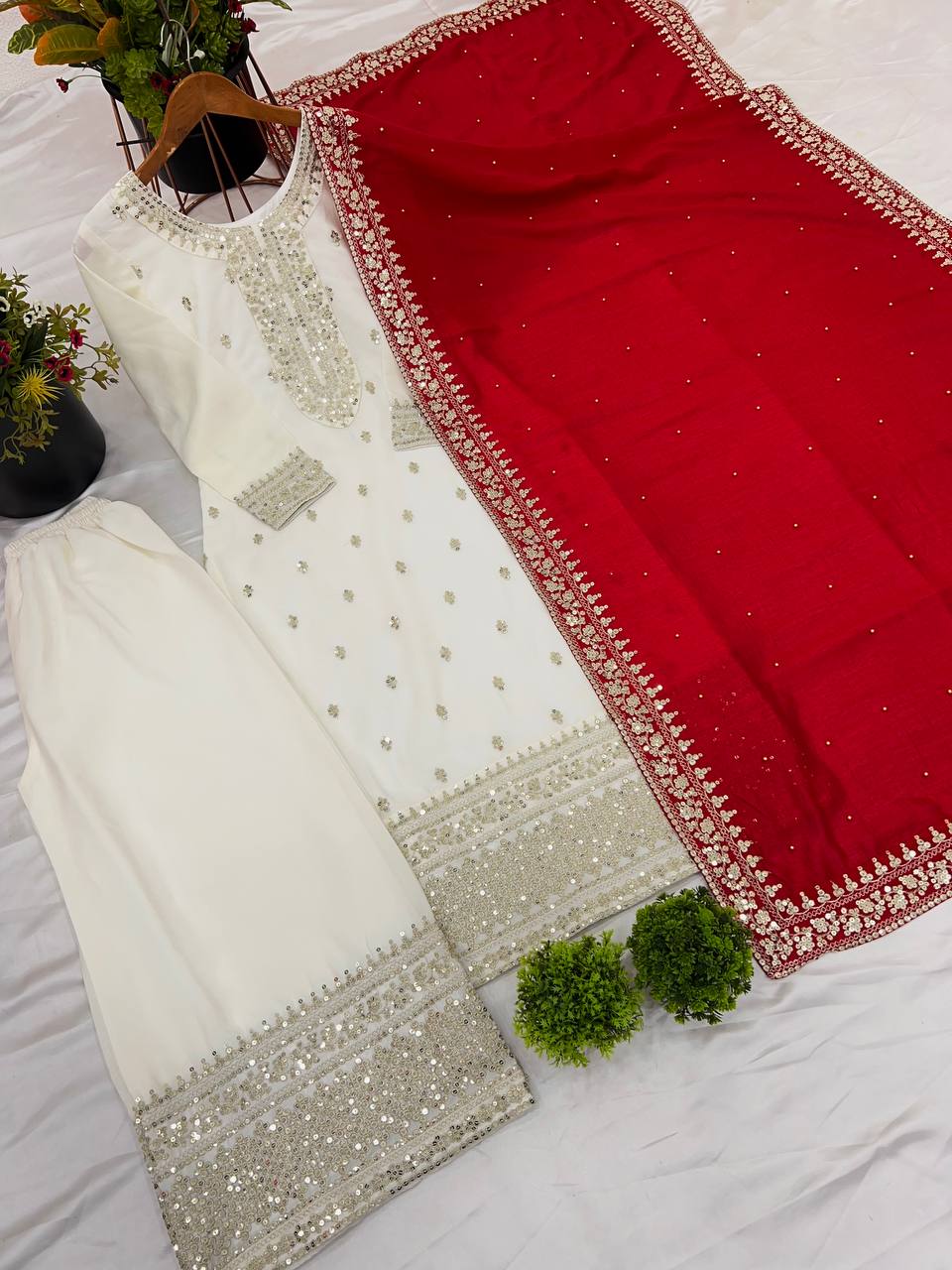 White Chinnon Silk Embroidery Top Pant and Dupatta For Party Wear