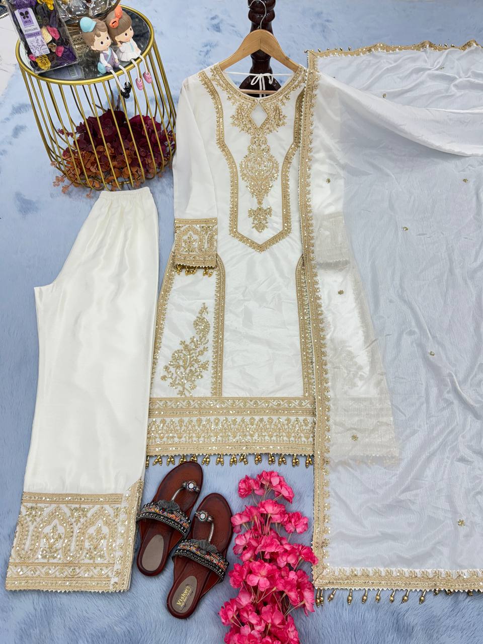 White Designer Chinon Silk Plazzo Top and Dupatta For Party Wear