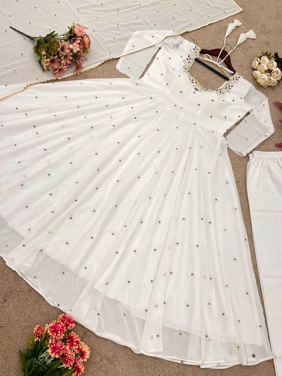 White Designer Faux Georgette Embroidered Gown and Dupatta