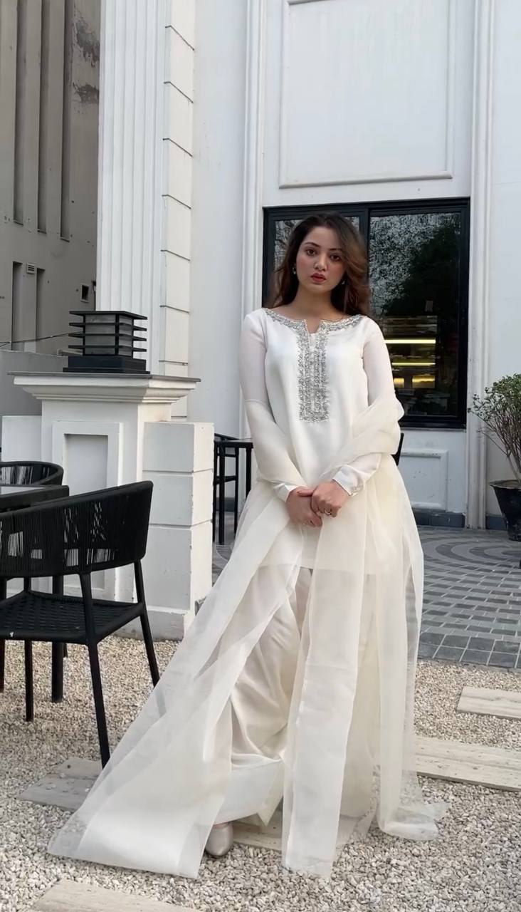 White Designer Faux Georgette Embroidery Sharara Suit and Dupatta
