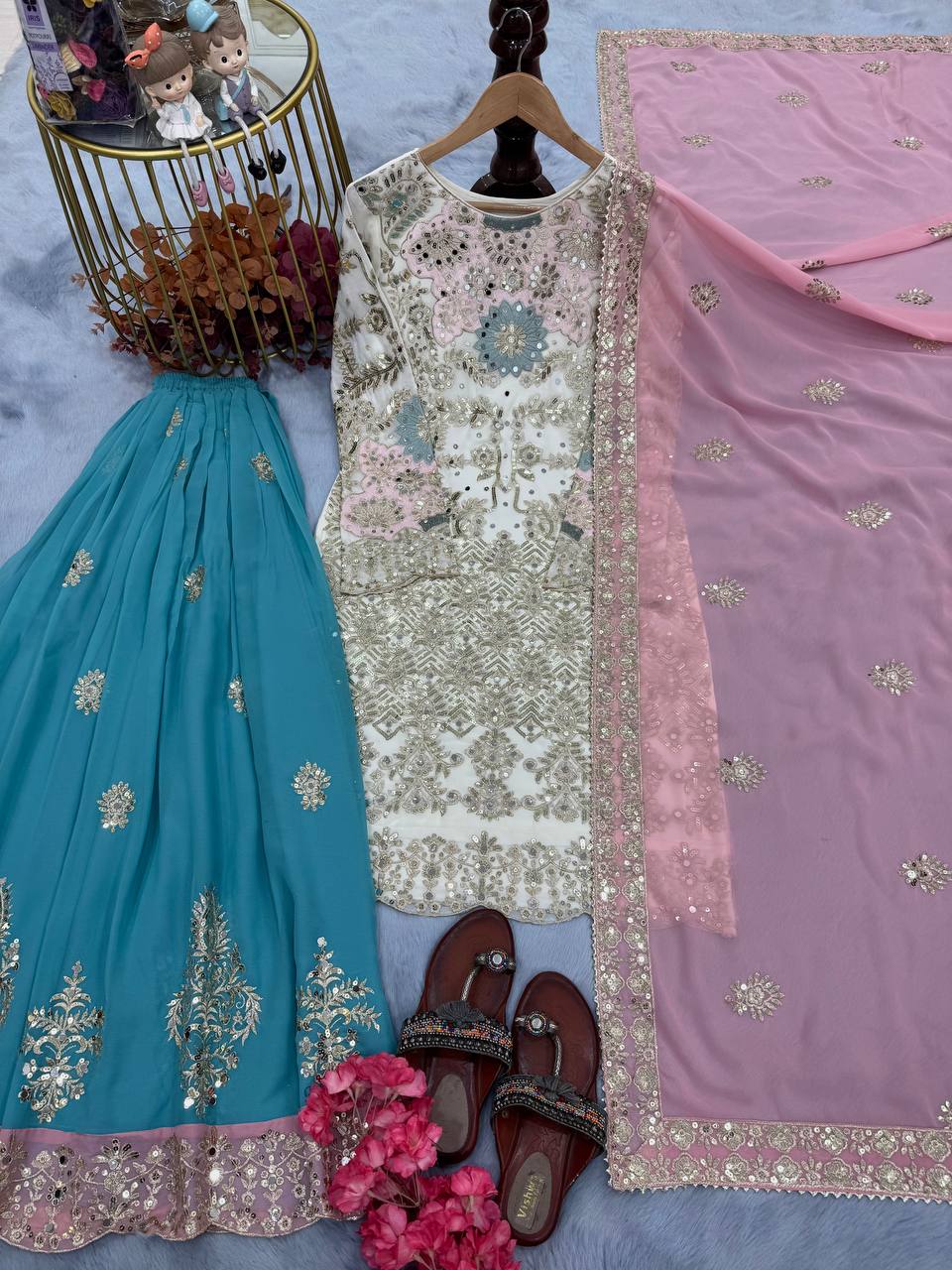 White Designer Faux Georgette Mirror Work Plazzo and Top For Party Wear