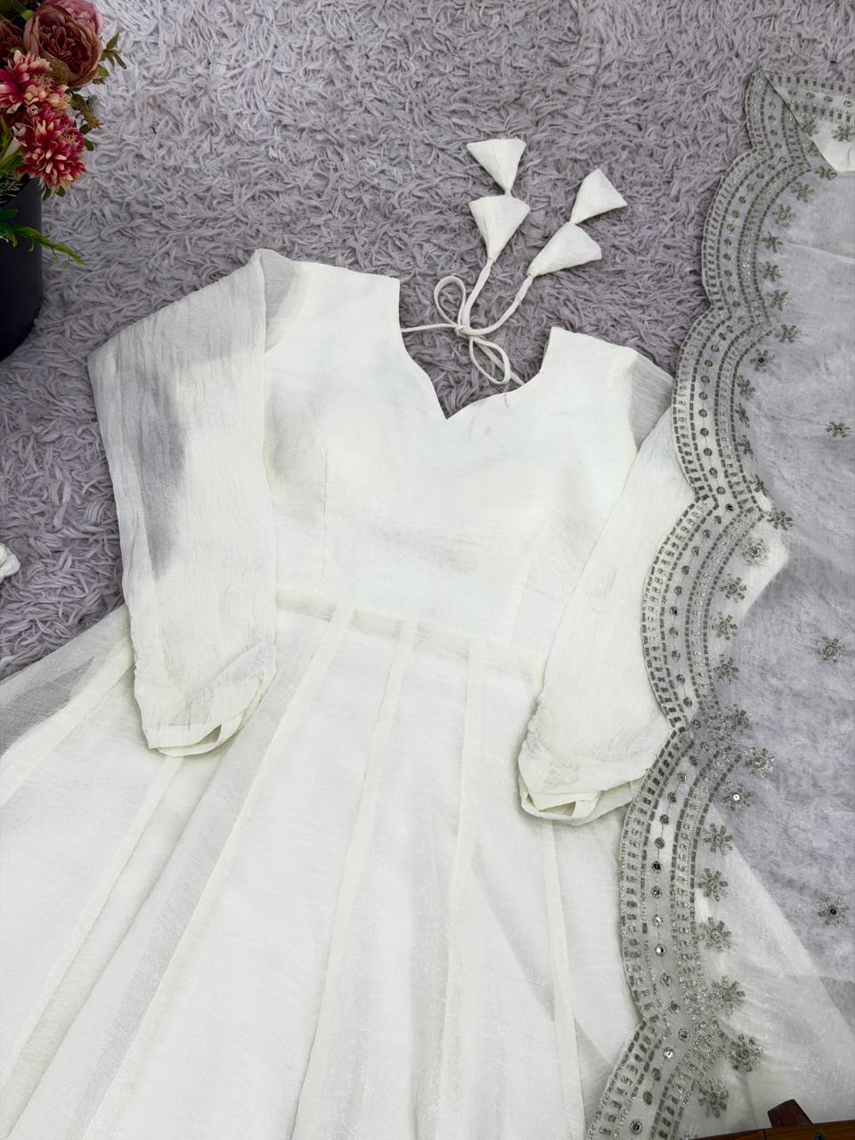 White Designer Heavy Fandy Silk Gown and Dupatta For Party Wear