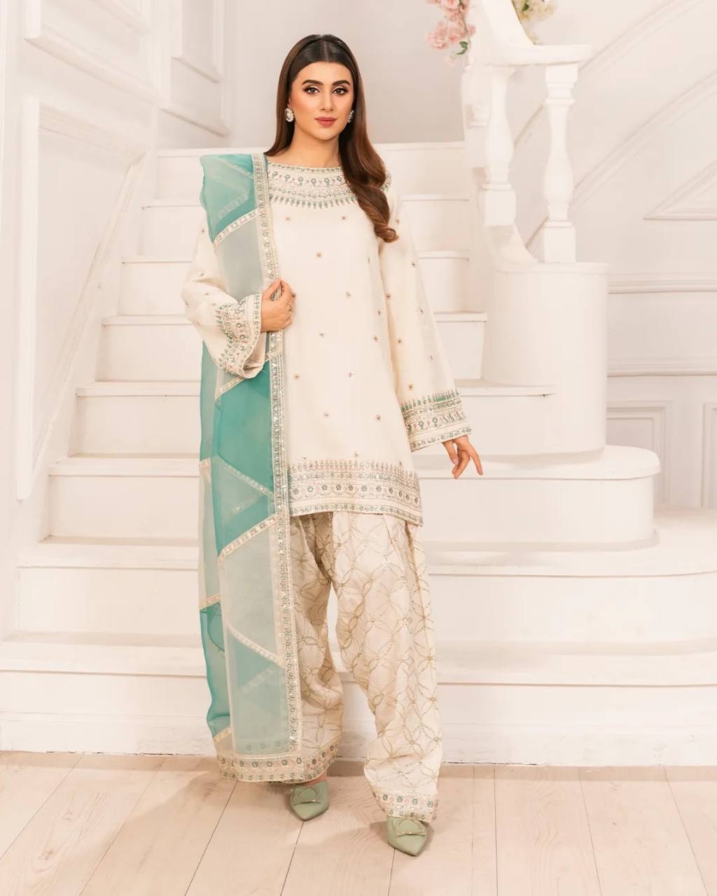 White Designer Natural Crepe Embroidery Farshi Palazzo Top and Dupatta
