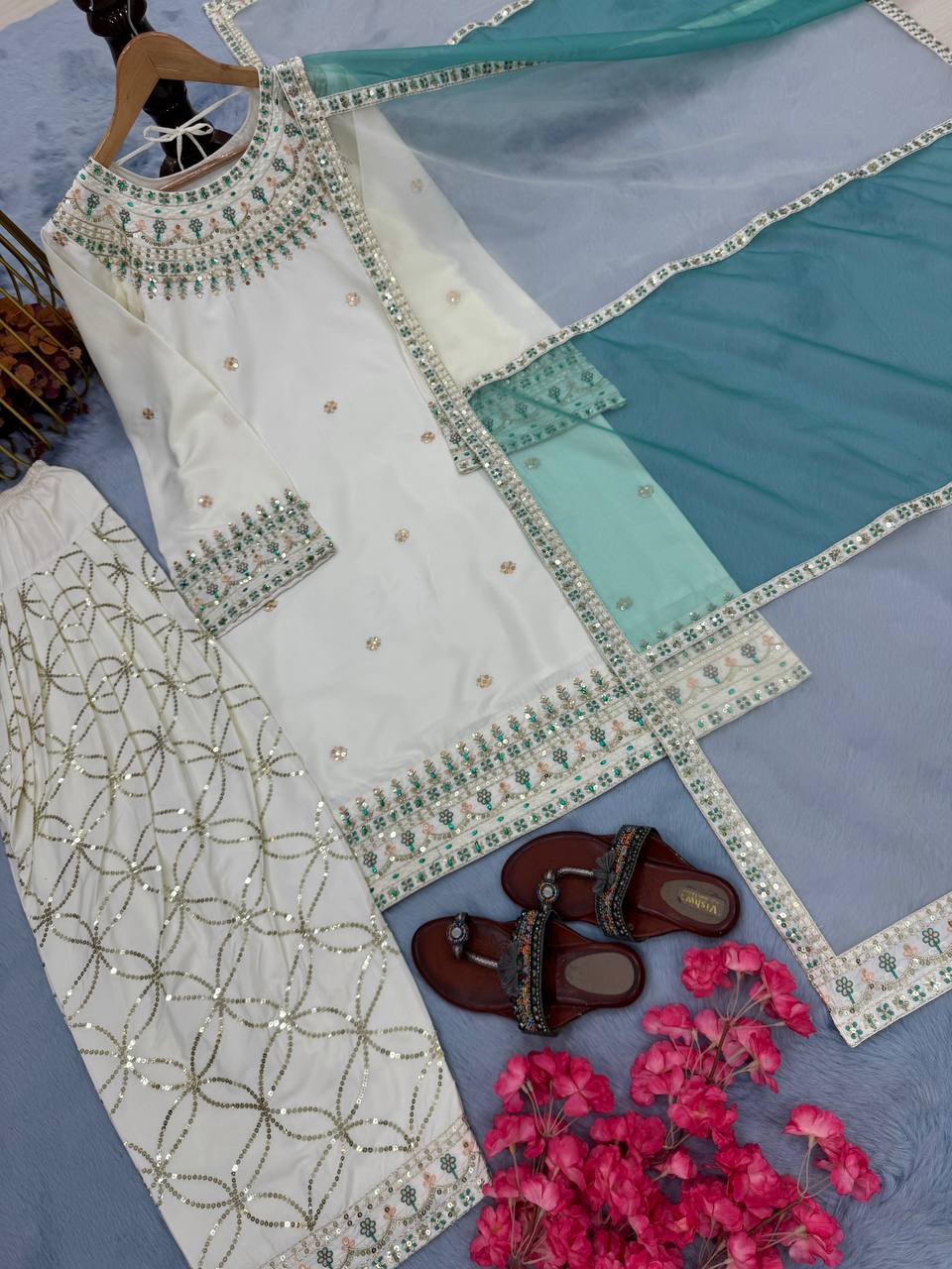 White Designer Natural Crepe Embroidery Farshi Palazzo Top and Dupatta