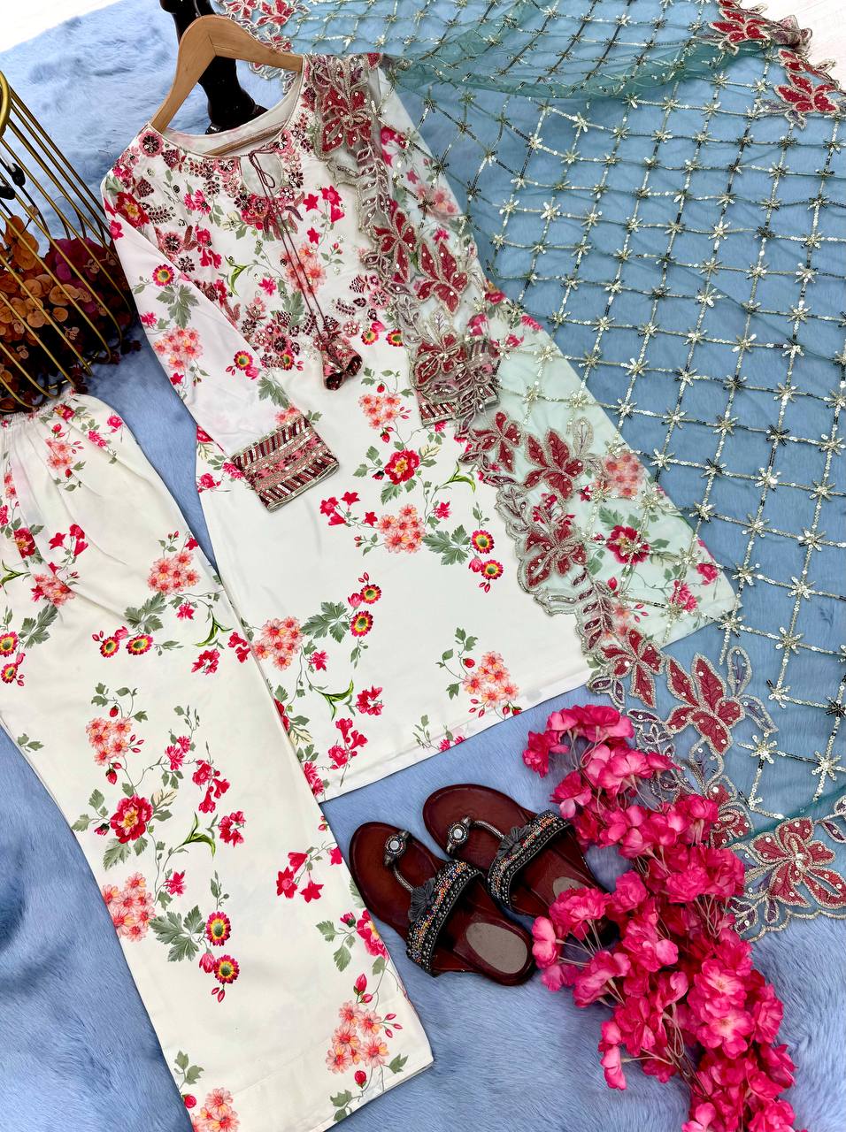 White Designer Printed Modal Silk Farshi Plazzo Top and Dupatta