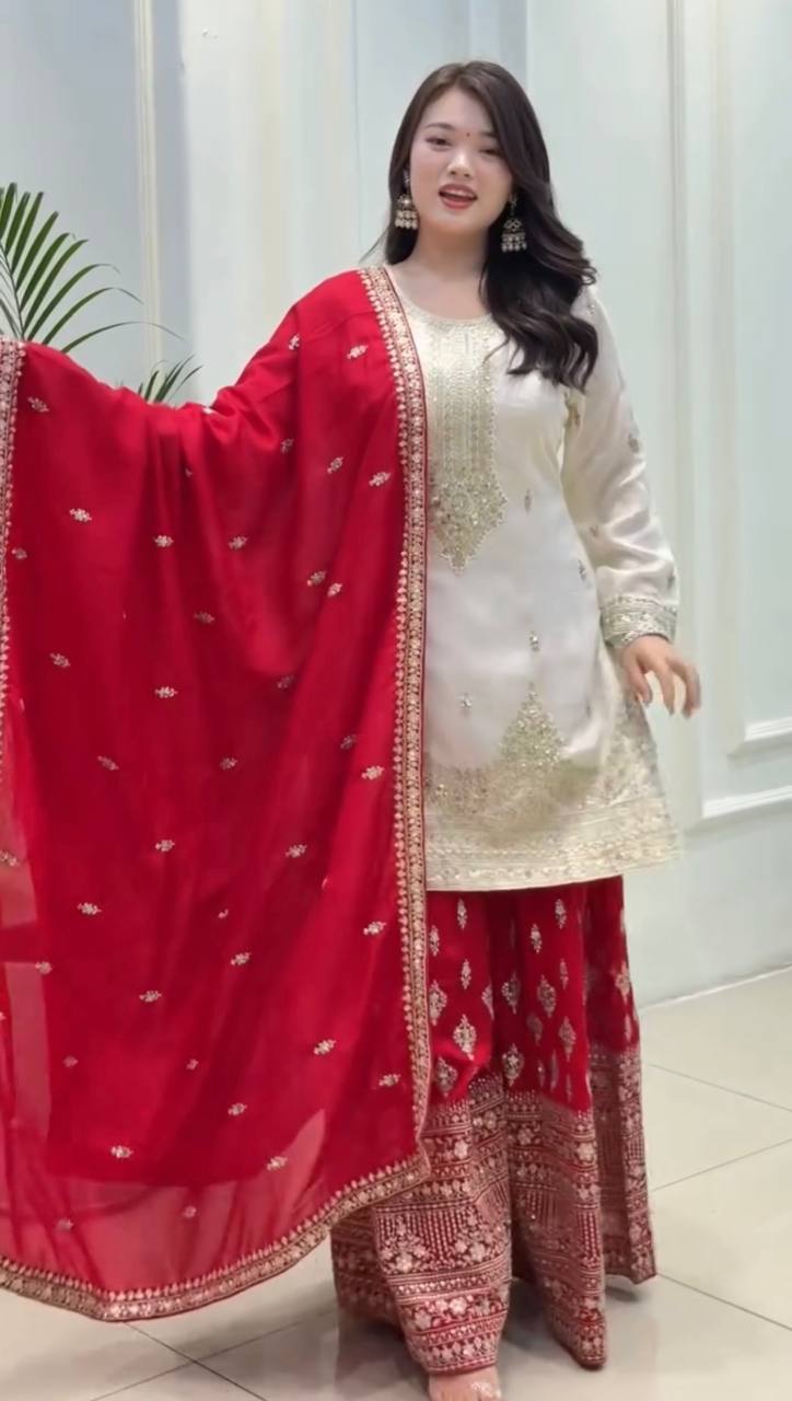 White Designer Pure Chinon Silk Plazzo Top and Dupatta For Party Wear