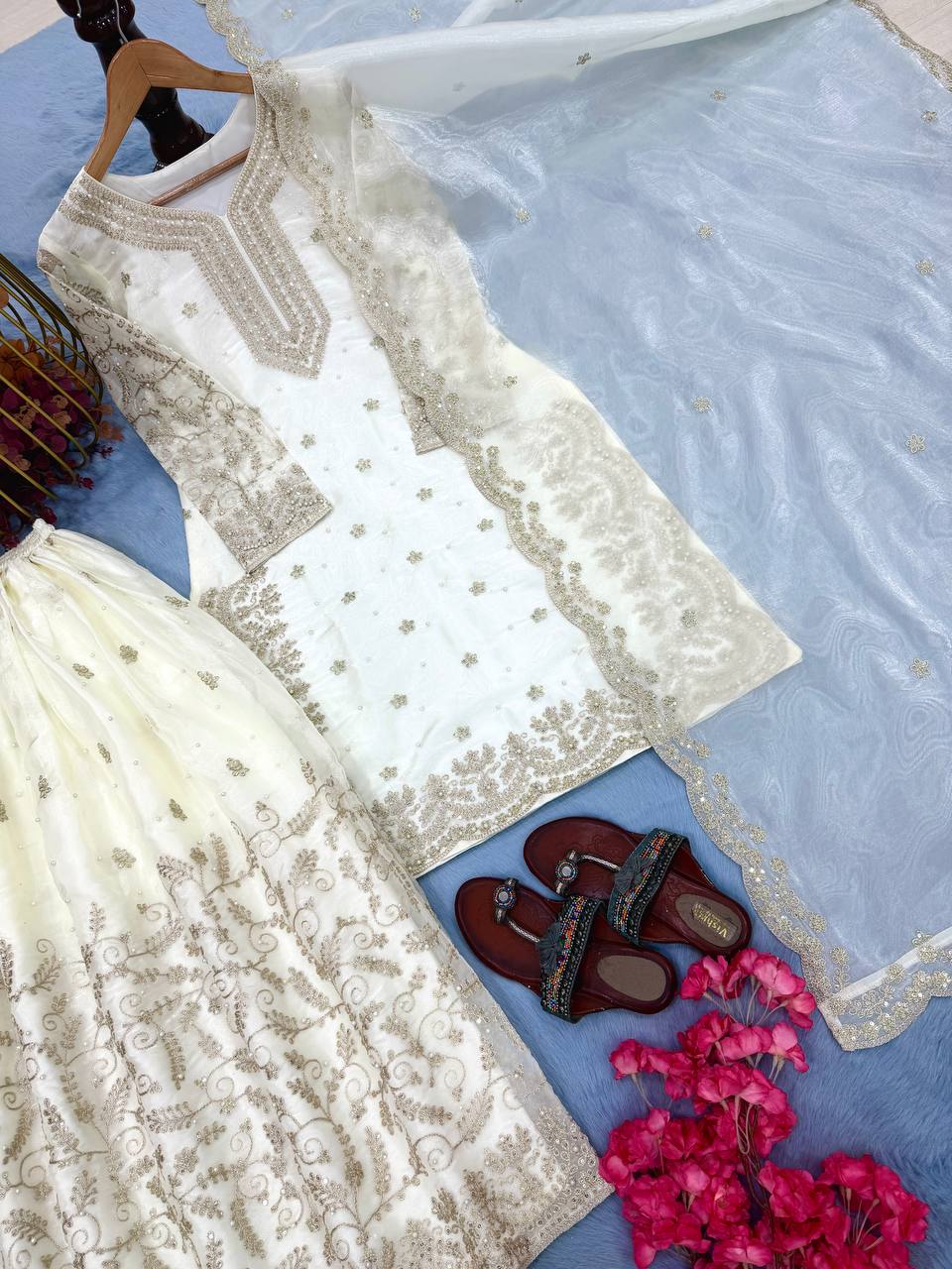 White Designer Pure Jimmy Choo Plazzo and Dupatta For Party Wear